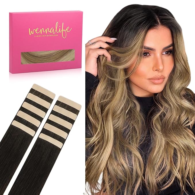 WENNALIFE Tape in Hair Extensions Human Hair Dark Brown to Chestnut Brown and Dirty Blonde Highlighted, 10pcs 20g 12 inch Remy Invisible Tape Ins Straight Colored Soft Refill Set