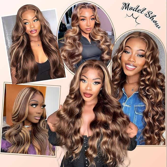 AMIRTY 250 Density Highlight Ombre Lace Front Wig Human Hair Honey Blonde Body Wave 360 HD Lace Front Wigs Human Hair Pre Plucked Brown 4/27 Colored Lace Frontal Glueless Wigs for Women 22 Inch