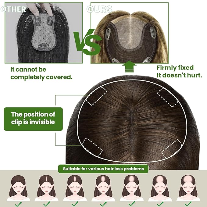 Hair Toppers for Women Real Human Hair, 6x7 inch Larger Silk Base 150 Density 55 grams 12inch Clip In Topper Hair pieces Dark Brown to Dirty Blonde Wiglet Top Pieces Add Volume（#2618 12inch）