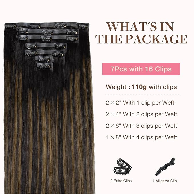 GOO GOO Clip in Hair Extensions Real Human Hair, Remy Human Hair Extensions Clip ins for Women, Natural Human Hair, 22inch 110g 7Pcs, 1B/6/1B Balayage Natural Black to Chestnut Brown