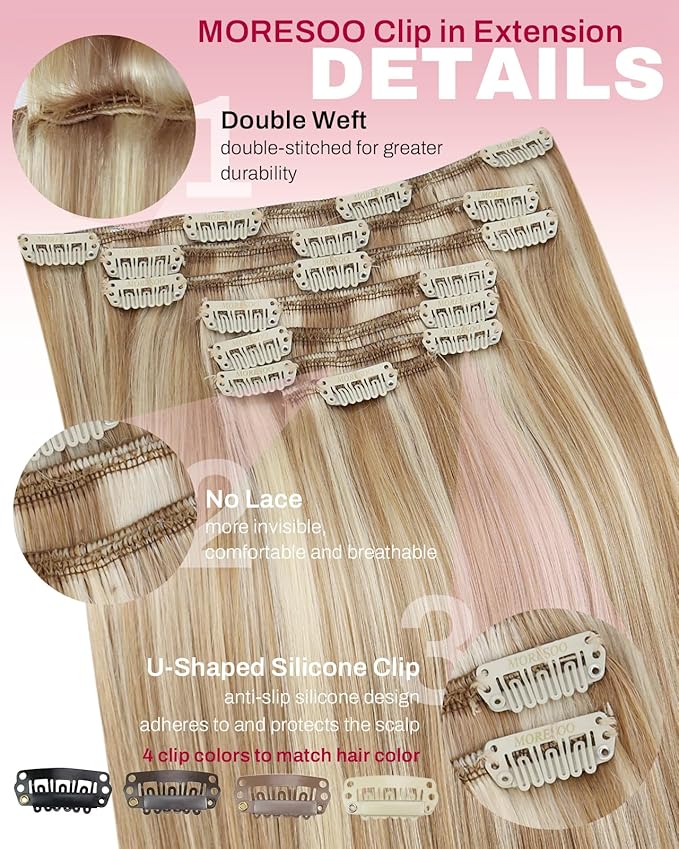 Moresoo Clip in Hair Extensions Brown with Blonde Highlights Clip ins Human Hair Yellow Brown with Platinum Blonde Full Head 120g/7pcs 18 inch