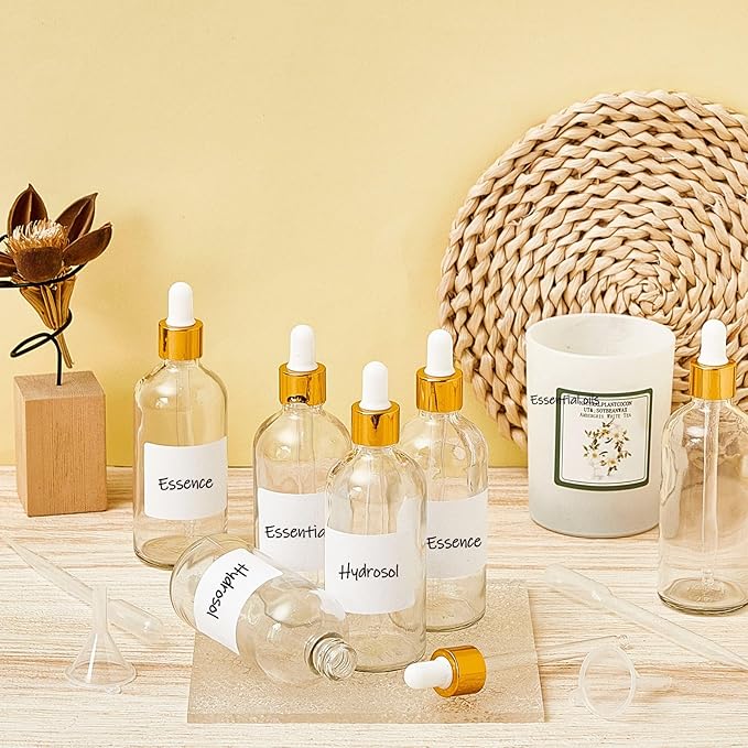 Tessco for you 20 Pack 3.4 oz Glass Dropper Bottles with Glass Eye Droppers for Essential Oils, Empty Oil Bottles with Funnel, Labels and Pipette for Hair Oils Perfume Cosmetic Travel(Amber)
