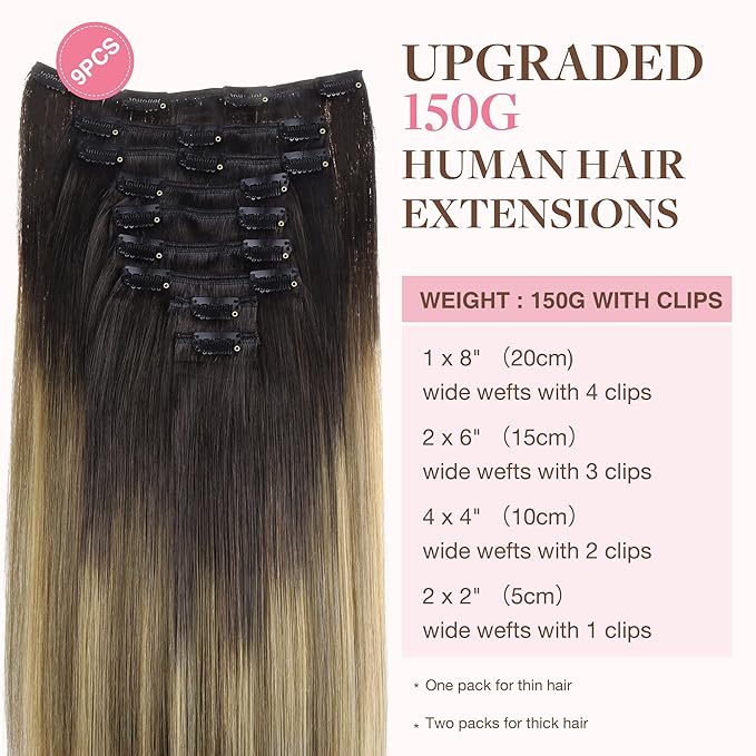 GOO GOO Clip in Hair Extensions Real Human Hair, Remy Human Hair Extensions Clip ins for Women, Natural Human Hair, 16inch 150g 9Pcs, 2/6/18 Balayage Brown to Dirty Blonde