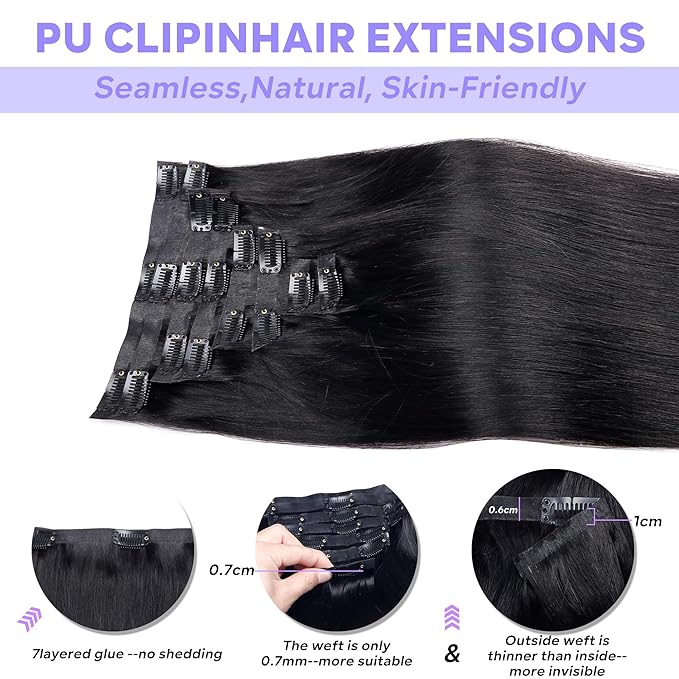 Seamless Clip in Hair Extensions Real Human Hair Straight Remy Human Hair Clip in Extensions for Women, Natural Soft Silk Straight Human Hair PU Thin Weft 8Pcs 120g 14inch Natural Black