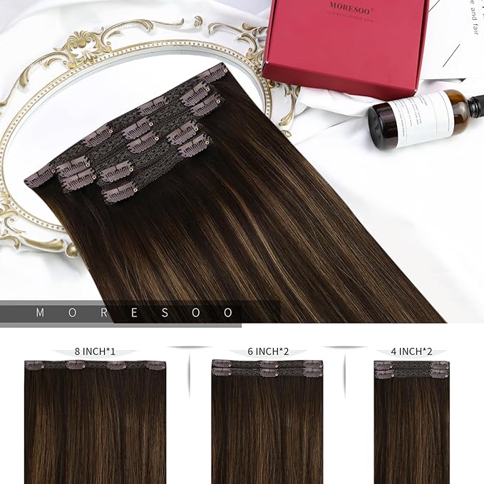 Moresoo Clip on Hair Extensions for Women Remy Double Weft Straight Balayage Short Hair Extensions Real Human Hair Clip ins Ombre Dark Brown with Chestnut Brown 5pcs 80g 10inch