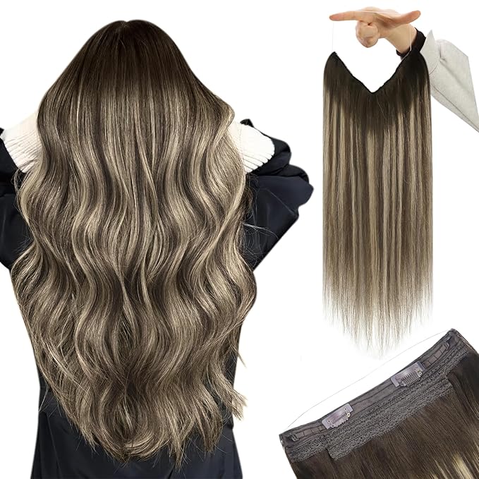 YoungSee 135G Brown Wire Hair Extensions Real Human Hair Balayage Hair Extension Invisible Wire Ombre Dark Brown with Ash Blonde Headband Hair Extension for Natural Look 24Inch