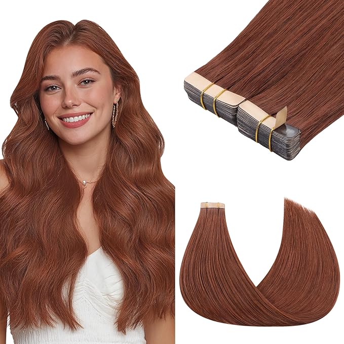 GOO GOO Tape in Hair Extensions Human Hair, #33B Dark Auburn Copper, 16inch 100g 40pcs, Skin Weft Seamless Invisible, Silky Straight with Thick Ends, Remy Human Hair