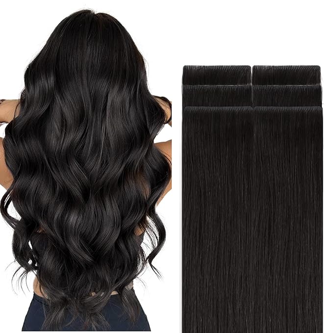 GOO GOO Invisi Edge Tape in Hair Extensions Human Hair, 1B Natural black, 6pcs 14inch 15g, Virgin Remy Hair, Seamless Injected Tape, Natural Look
