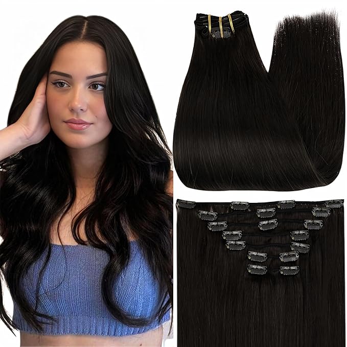 Full Shine Hair Extensions Clip ins Short Human Hair Clip in Extensions Black Woman 14 Inch for Cosplay 7 Pcs 120 G