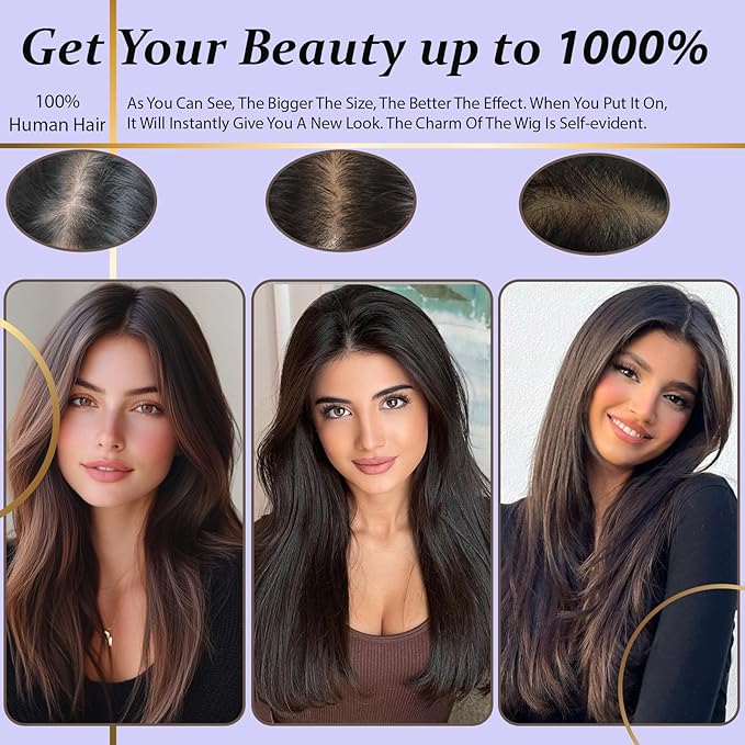 Hair Toppers for Women Real Human Hair, 360°3D Topper for Women with Thinning Crown Wispy Clip in Bangs Breathable Hand Tied Craft Big Coverage Hairpieces(P4/27（Big Coverage）, 12 Inch-3D-Side)
