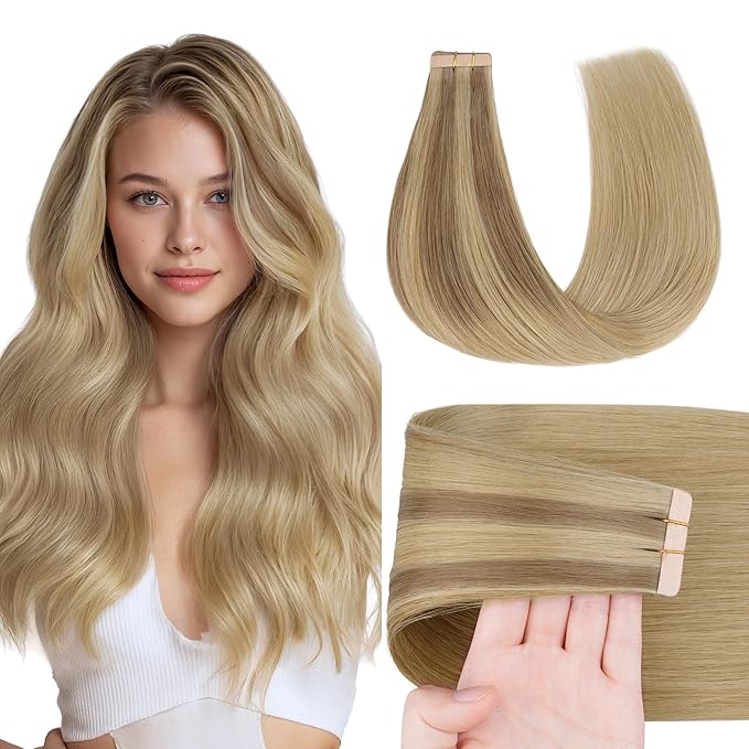 GOO GOO Tape in Hair Extensions Human Hair, #(T12A/18H) P18H Ash Beige Blonde Blend, 18inch 50g 20pcs, Skin Weft Seamless Invisible, Silky Straight with Thick Ends, Remy Human Hair