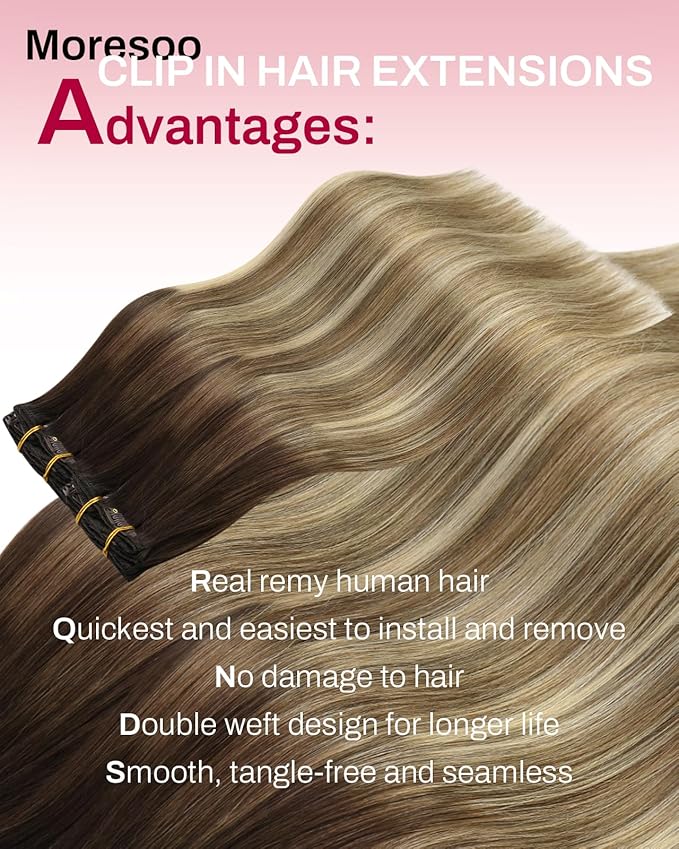 Moresoo Clip in Hair Extensions Ombre Human Hair Clip in Extensions Real Human Hair Dark Brown to Medium Brown with Bleach Blonde Balayage Short Remy Hair Extensions Double Weft 80g 5pcs 10in