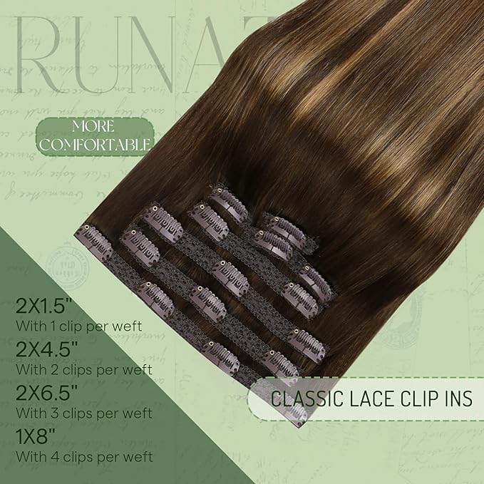 RUNATURE Balayage Clip in Hair Extensions Real Human Hair, Straight Hair Extensions Clip Ins, Double Weft Thick Remy Hair, Natural Looking, No Splits, 14 Inch 120g 7pcs #4/27/4 Brown Ombre