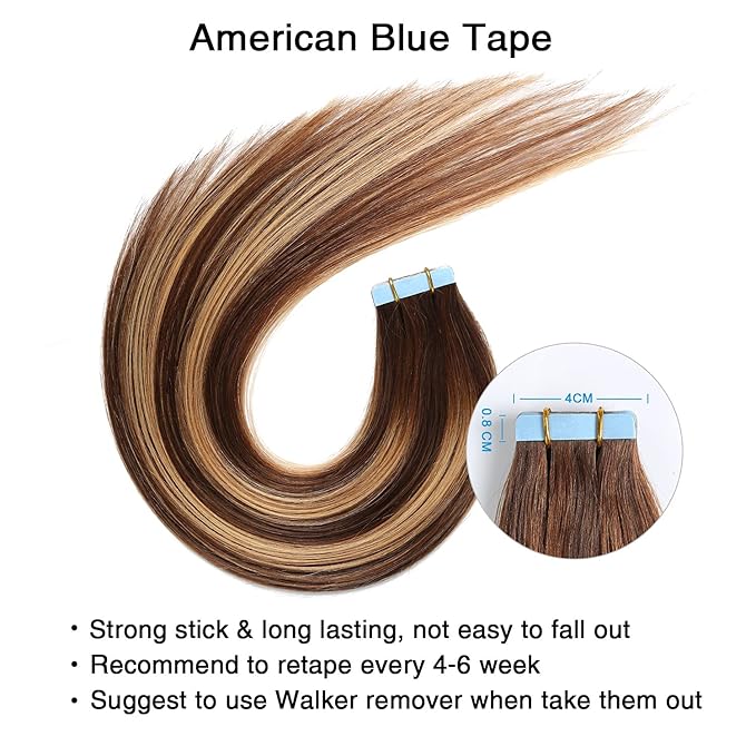 SUYYA Tape in Hair Extensions Human Hair Ombre Color Chocolate Brown to Caramel Blonde Remy Hair 20 inches 20pcs 50g/pack Straight Seamless Skin Weft Tape in Human Hair Extensions(20 inch #P4/27/T4)