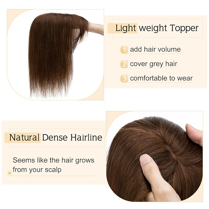 SEGO Hair Toppers for Women Real Human Hair With Bangs, 7 * 13CM Silk Base 100% Remy Human Hair Clip in Top Wiglet Hairpieces Add Volume -10 Inch Medium Brown