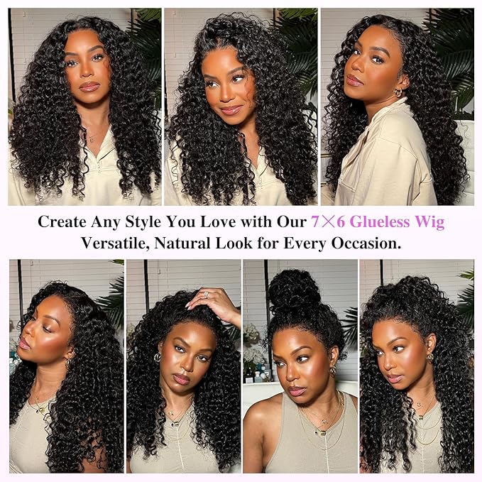 7x6 Burmese Curly Glueless Wigs Human Hair Pre Plucked Pre Cut 250% Density Drawstring Wig for Black Women 7x6 HD Lace Front Wigs Human Hair Glueless Wear and Go Nautural Color 32 Inch