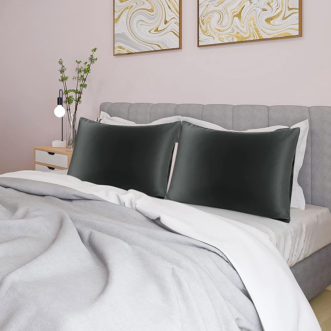 uxcell 2 Pack Silk Satin Pillowcase for Hair and Skin, Cool, Silky, Soft Breathable Pillow Cases King Size 20x36 Inch Sateen Pillowcase Black with Envelope Closure