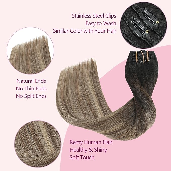 PINKPEARL Clip in Hair Extensions Real Human Hair #1B/4/27 Balayage Natural Black to Chocolate Brown and Caramel Blonde Clip in Hair 7pcs 120g 18inch Human Hair Extensios Clip ins(#1B/4/27-18)
