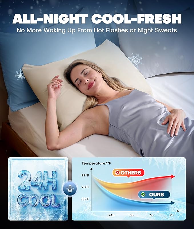 Ultra-Chill Cooling Pillowcase Set of 2 for Hot Sleepers, Softer Than Silk Pillow Cases for Protecting Hair & Skin, Breathable Bed Pillow Covers w/Zipper, Gifts for Women & Men(Beige, Queen)