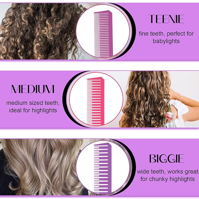 3Pcs Highlighting Comb Professional Hair Dye Combs 3 Sizes Highlight Comb Weaving Combs with Long Stainless Steel Rat Tail for Home and Salon(Purple, Magenta, Purple)