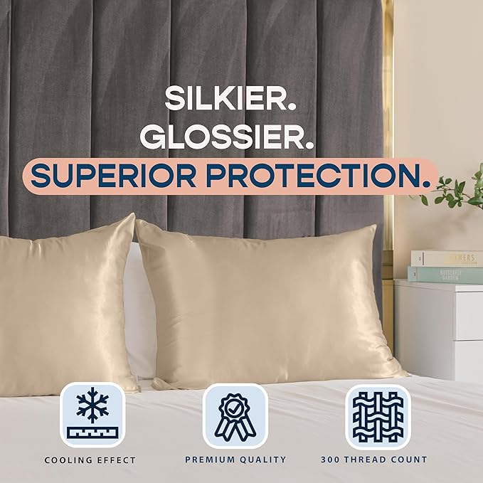 BLISSFORD Satin Pillowcase with Zipper, for Hair and Skin Care, Feels Soft and Cool Like a Silk Pillowcase, Satin Pillow Cases 2 Pack, Slik Pillow Cover, Taupe - Queen Size, Set of 2