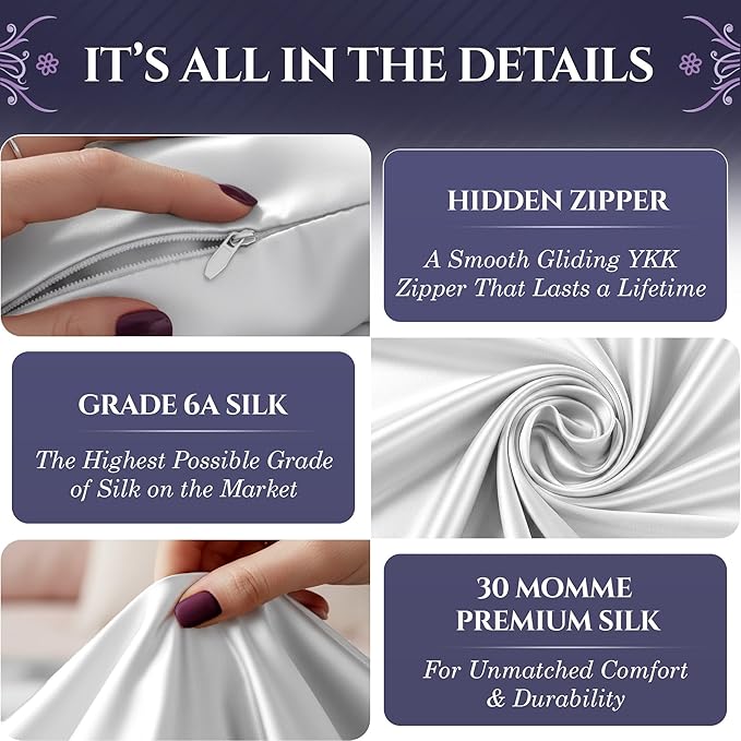 DECOLURE 100% Pure Mulberry Silk Pillow Case King Size – Highest Grade 30 Momme 6A+, Luxuriously Soft & Cooling Silk Pillowcase for Hair & Skin, Hypoallergenic, Breathable, Hidden Zipper (White)