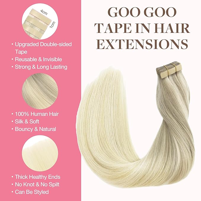GOO GOO Tape in Hair Extensions Human Hair, 17/22/60 Ash Blonde to Golden Blonde and Platinum Blonde, 24inch 100g 40pcs, Skin Weft Seamless Invisible, Silky Straight with Thick Ends, Remy Human Hair