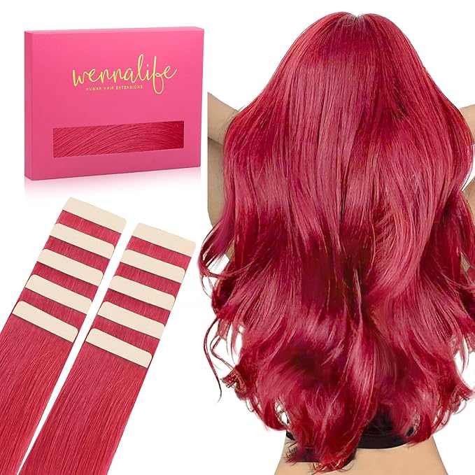 WENNALIFE Tape in Hair Extensions Human Hair Red Tape in Extensions, 10pcs 30g 20 inch Remy Invisible Tape Ins Straight Colored Soft Real Human Hair Tape in Extensions Refill Set Extensions