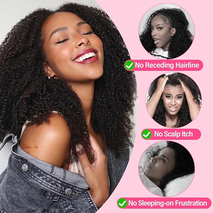 WOWANGEL Kinky Curly Half Wig Human Hair 180% Density Flexi-Fit Invisi 3 in 1 Wigs Flip Drawstring Wig Glueless Wear and Go Headband Wig 100% Human Hair for Women, Natural Black, 24 Inch