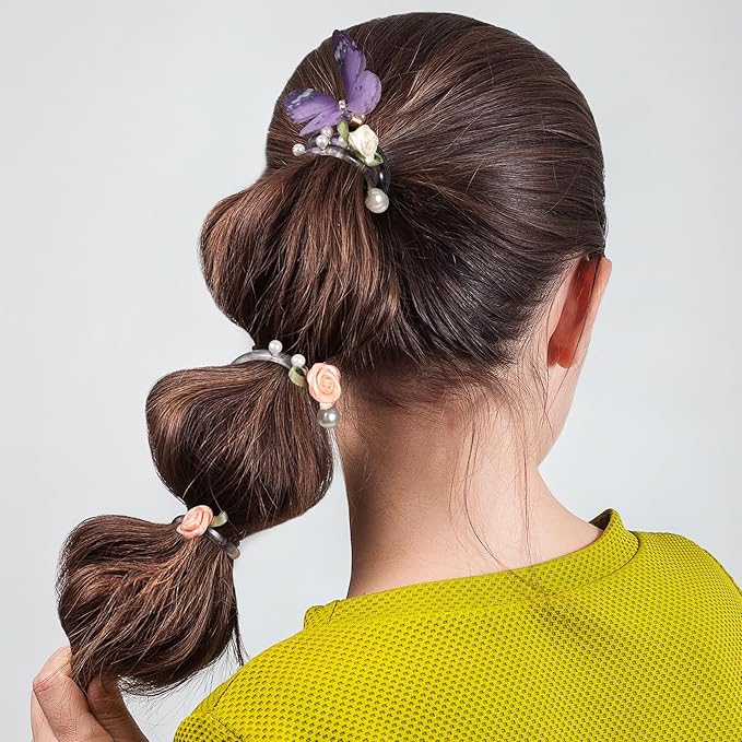 4PCS Rose Bead Spiral Hair Ties, 4 Colors Butterfly Floral Phone Cord Ponytail Holders for Women, Elegant Rubber Hair Coils, Stylish Hair Accessories for Party, Daily Use