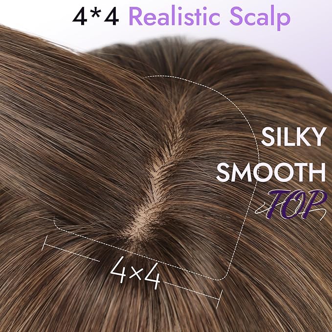 Wig with Bangs for Women Brown Blonde Highlight Straight Face-Framing Layers Hairstyle 4x4 Realistic Scalp Glueless Synthetic Wigs Medium Length for Everyday Use