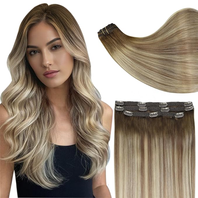 Full Shine Clip in Hair Extensions Ombre Dark Brown Roots Brown Mix Blonde Hair Extension Real Human Hair 20 Inch Hair Extensions Clip ins for Women Straight Natural Hair 3 PCS 60 G
