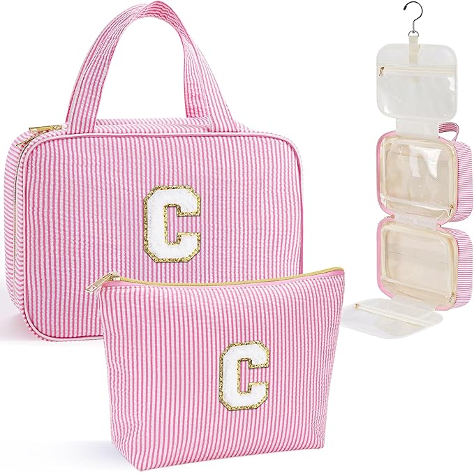 YOOLIFE Stocking Stuffers for Teen Girls Gifts Trendy Stuff - Hanging Initial Toiletry Bag for Women Teen Girls, Gifts for Mom Daughter Sister Friends, Letter C, Pink
