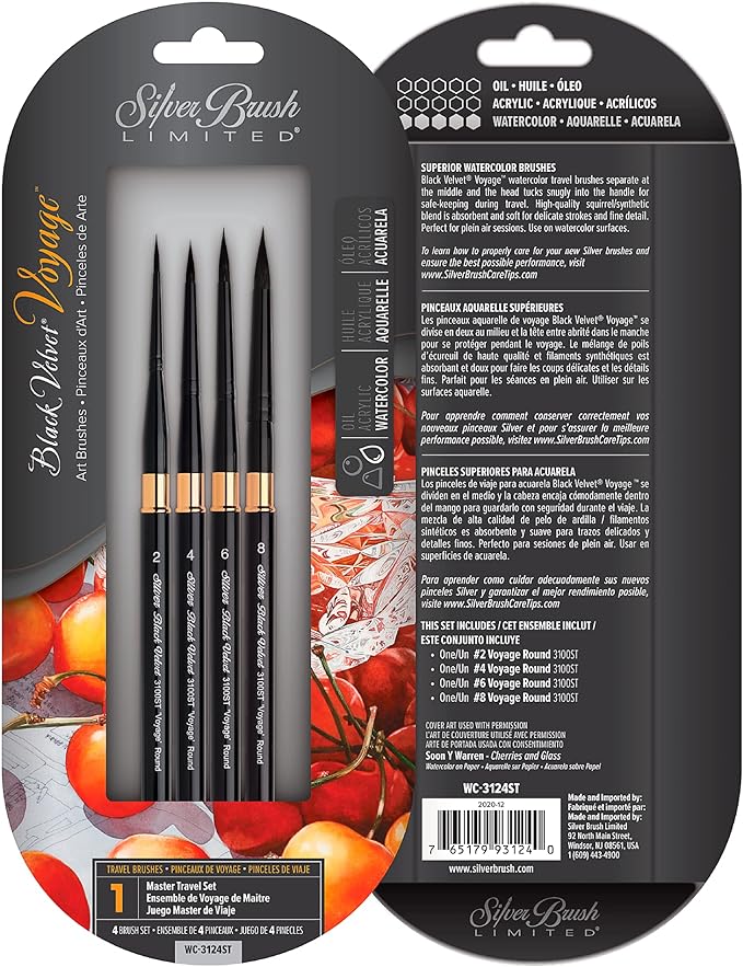 Silver Brush Limited WC-3124ST Black Velvet Voyage Master Travel Set for Watercolor, Gouache, Inks, & Dyes, Set of 4, Sizes 2, 4, 6, and 8 Round Paintbrushes, Short Handle