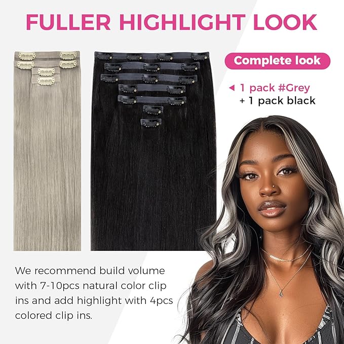Lashey Seamless Clip in Hair Extensions Human Hair 4pcs 50g Grey 22 Inch Long Straight Clip in Hair Extensions Human Hair with Invisi Edge