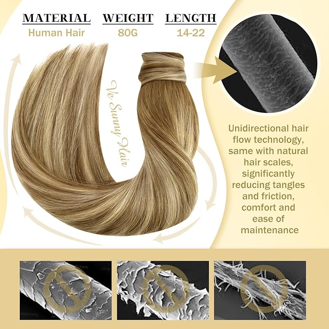 Ve Sunny Hair Extensions Ponytail Real Human Hair Wrap Around Clip in Ponytail Hair Extensions Straight Extensions Human Hair for Women Chestnut Brown Ombre Platinum Blonde Balayage 18inch 80G