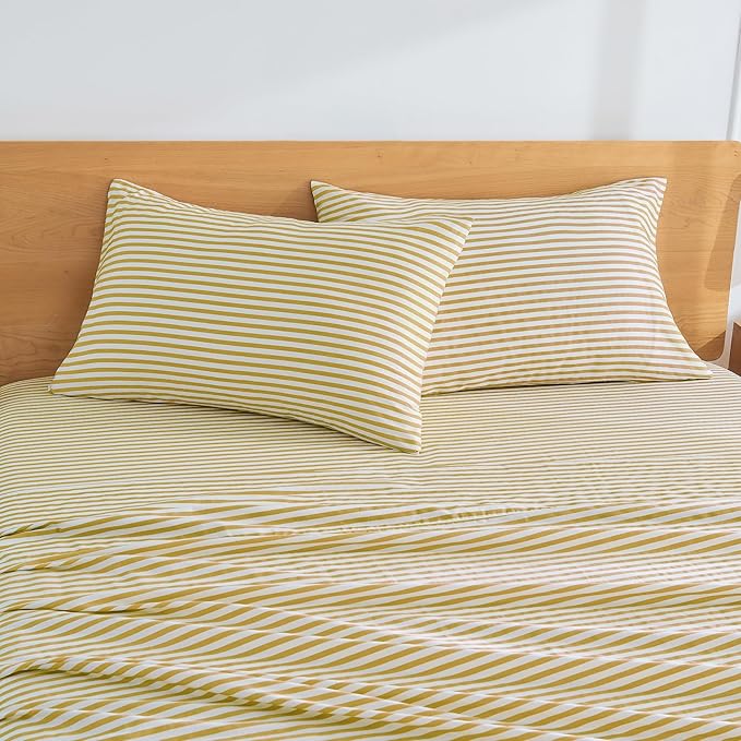 JELLYMONI 100% Natural Cotton Striped King Pillowcases Set, 2 Pack White and Yellow Stripes Pattern Printed Pillow Covers with Envelope Closure(Pillows are not Included)