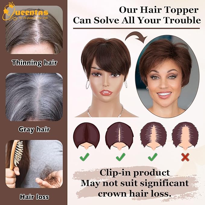 QUEENTAS Brown Short Hair Toppers for Women with Thinning Hair 360°3D Cover with 3 Clips Hair Pieces Wispy Bangs 4.6"*3.6" Coverage(Chocolate Brown/#4)