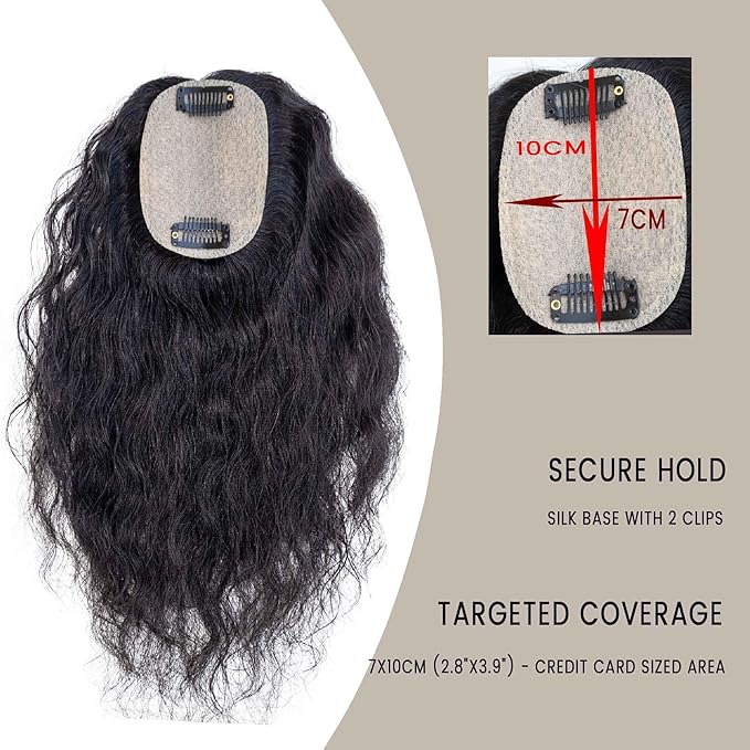 Curly Hair Toppers for Women, Real Human Hair Topper for Thinning Hair, Realistic Scalp Crown Hair Topper with Natural Volume, Clip-In 3D Scalp Cover, Natural Black 1B 10 In