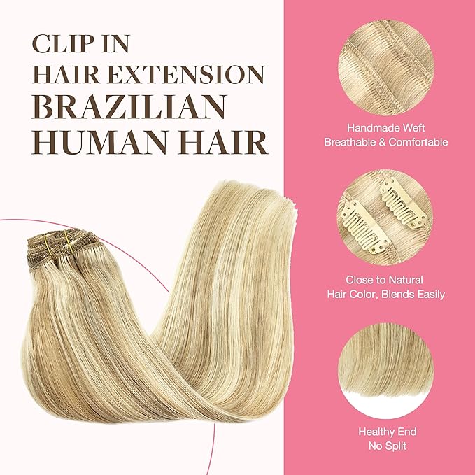 GOO GOO Clip in Hair Extensions Real Human Hair, Remy Human Hair Extensions Clip ins for Women, Natural Human Hair, 14inch 150g 9Pcs, 18A/613A Dark Blonde Highlighted Bleach Blonde