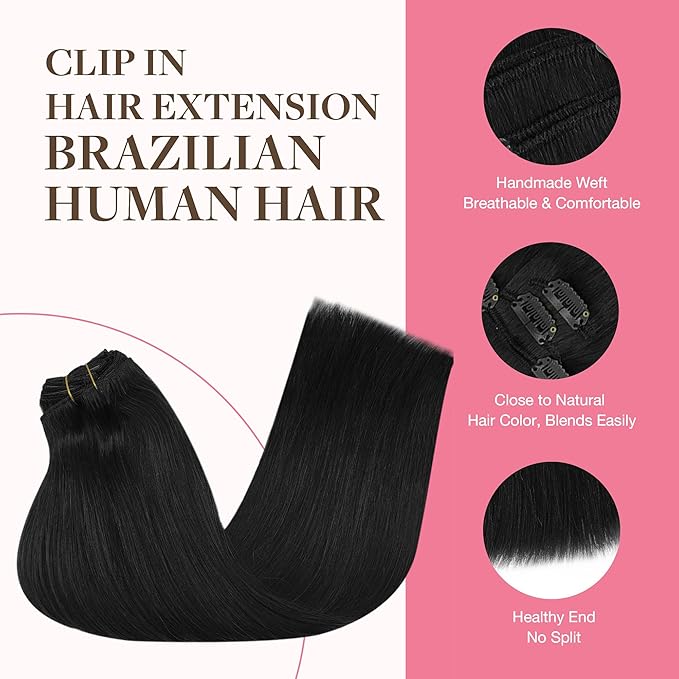 GOO GOO Clip in Hair Extensions Real Human Hair, Remy Human Hair Extensions Clip ins for Women, Natural Human Hair, 26inch 260g 9Pcs, #1 Jet Black