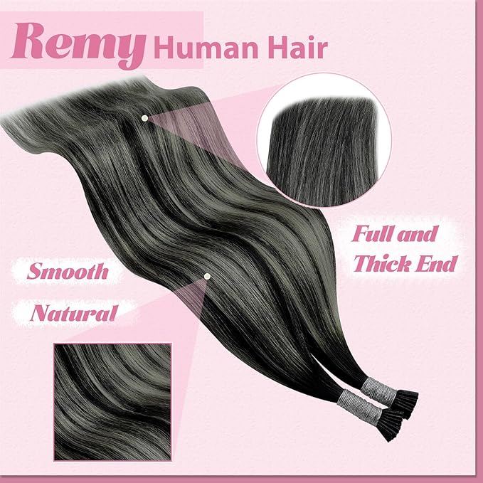 YoungSee I Tip Hair Extensions Human Hair Ombre Black 16 Inch I Tip Hair Extensions Human Hair Balayage Black with Silver Itip Hair Extension 80s 50g Itips Hair Extensions Real Human Hair for Women