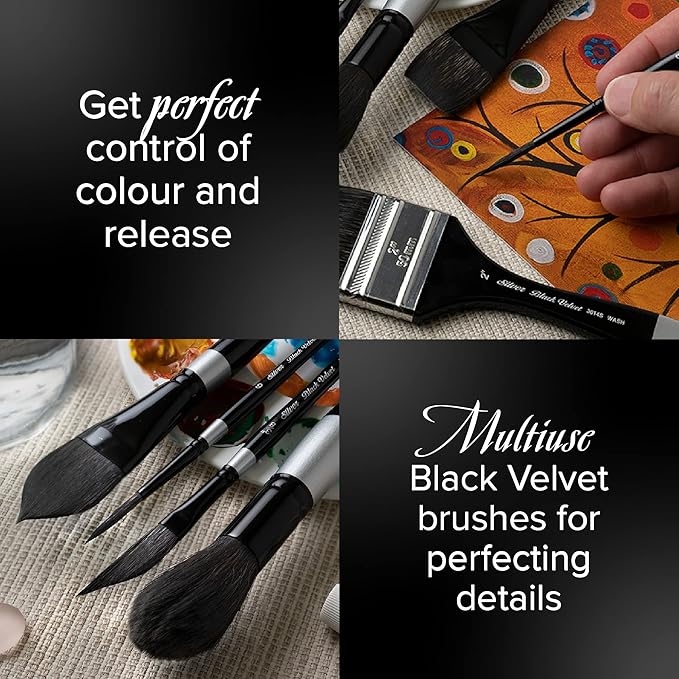 Silver Brush Limited WC-3201S Black Velvet Basic Watercolor Set, Set of 3, Size 1 Inch Flat Wash, and Sizes 6 and 12 Round Paintbrushes, Short Handle