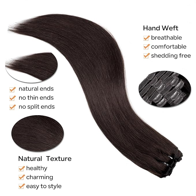 Straight Clip In Hair Extensions Real Human Hair 8Pcs Clip In Dark Brown Human Hair Extensions with 18Clips Lace Weft 120g 22inch