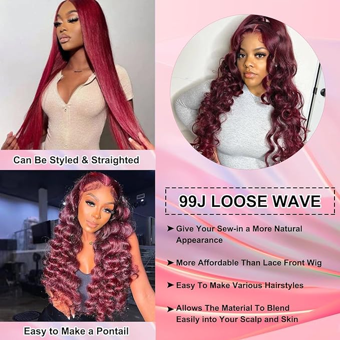 MEIMEI 200 Density 99J Burgundy Lace Front Wigs Human Hair Loose Wave 15A 13x4 Full Large Lace Space Frontal Wig Pre Plucked with Baby Hair Glueless Burgundy Loose Deep Wave Wigs 22 Inch