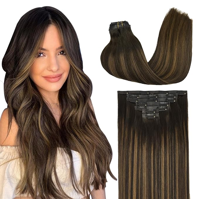 GOO GOO Clip in Hair Extensions Real Human Hair, Remy Human Hair Extensions Clip ins for Women, Natural Human Hair, 22inch 150g 7Pcs, 2/6/2 Balayage Dark Brown to Chestnut Brown