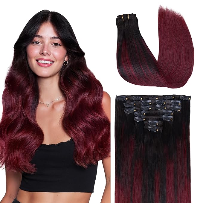 GOO GOO Clip in Hair Extensions Real Human Hair, Remy Human Hair Extensions Clip ins for Women, Natural Human Hair, 16inch 120g 7 Pcs, #1/99j Balayage Jet Black to Red