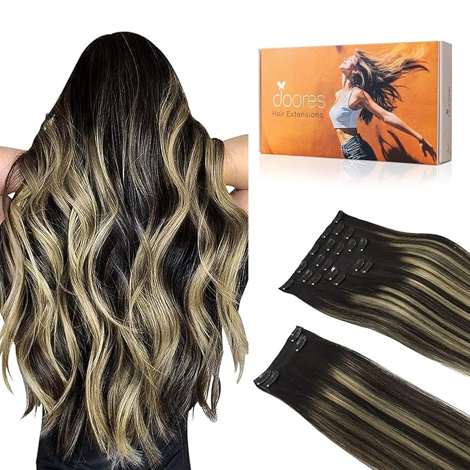 DOORES Clip in Extensions Human Hair, Balayage Natural Black to Light Blonde 16 Inch 150g 9pcs, Real Hair Extensions Clip in Straight Natural Hair Extensions