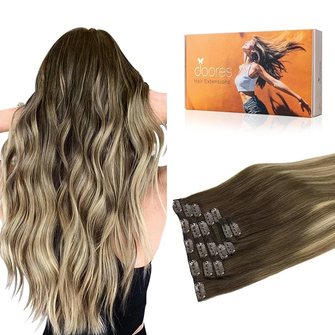 DOORES Remy Hair Extensions Clip in, Balayage Walnut Brown to Ash Brown and Bleach Blonde 100g 7pcs 14 Inch, Clip in Human Hair Extensions Real Natural Straight Weft