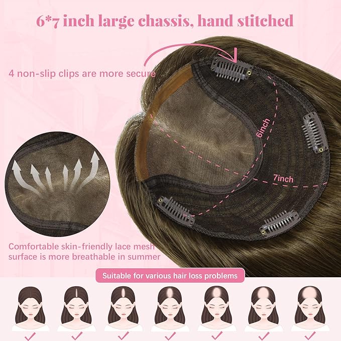 Toppers for Women Real Human Hair 16inch 75g Toppers for Women with Thinning Hair Chocolate Brown 6x7inch Large Base Add Volume (#4Toppers-16inch)